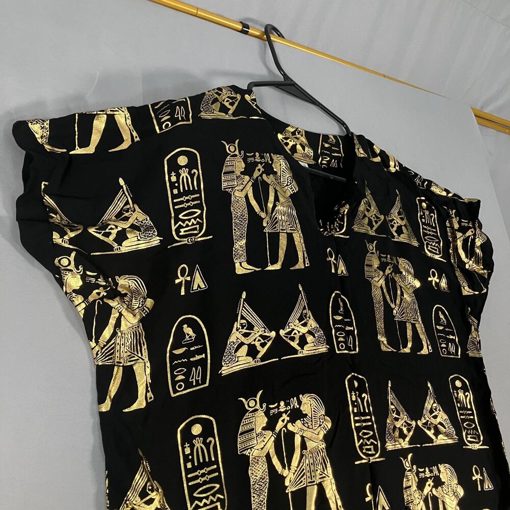 Egyptian Print Dress Womens Large Black Gold V-Neck‎ Short Sleeve Ruffle Midi - Picture 5 of 11
